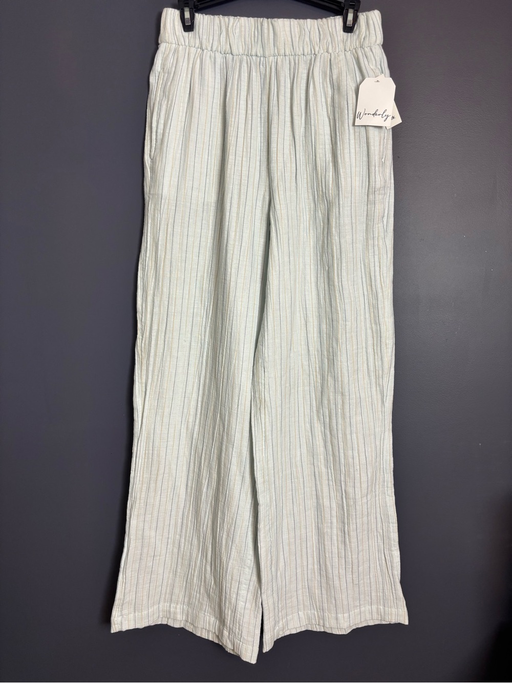NEW Wonderly Cotton Gauze Striped Lagenlook Wide Leg Pull On Pants Medium Casual